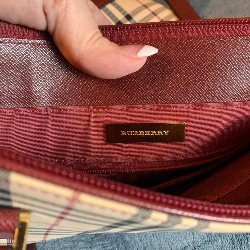 Burberry Beige Check Tote with Burgundy Trim